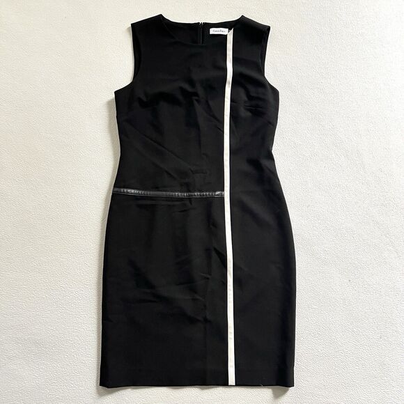 Calvin Klein Women Black Beige Stripe Lined Sheath Sleeveless Career Dress 6 - Picture 1 of 9
